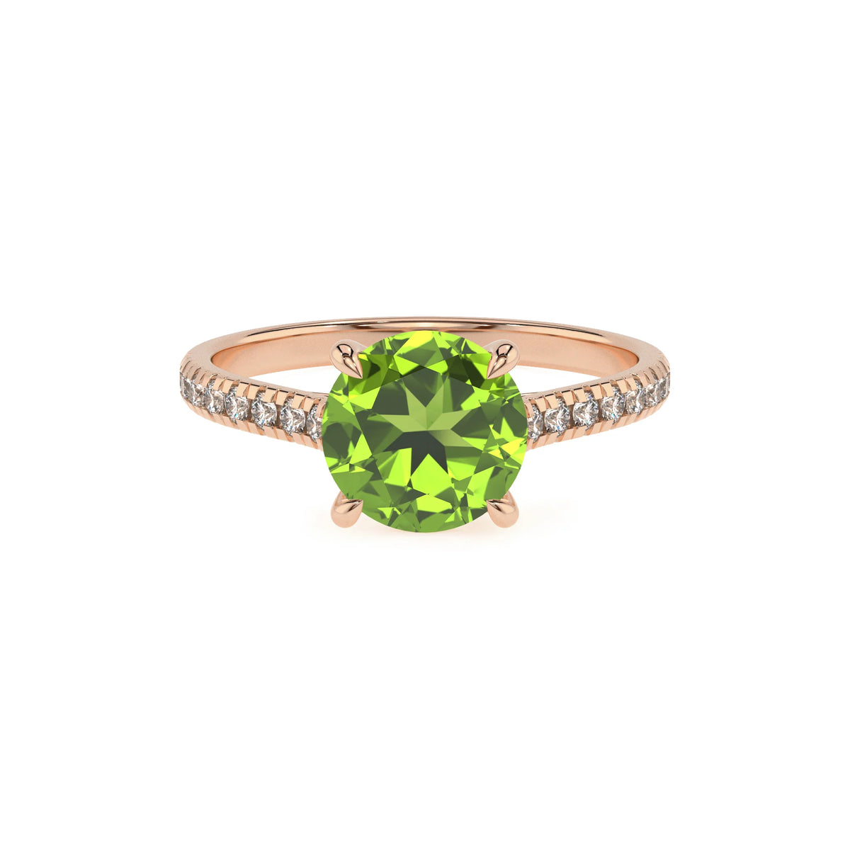 natural peridot round half eternity solitaire engagement rings in rose gold 