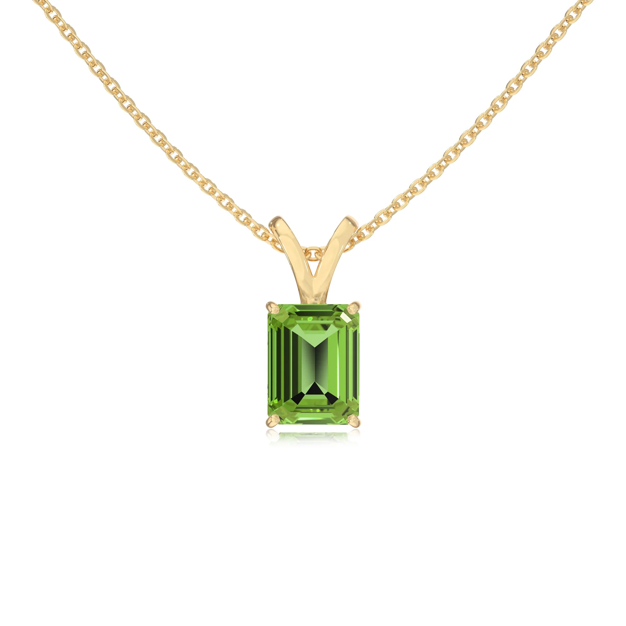 natural peridot emerald cut solitaire v-bale necklaces in yellow gold 