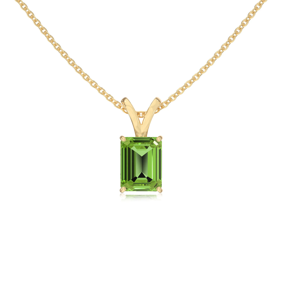 natural peridot emerald cut solitaire v-bale necklaces in yellow gold 