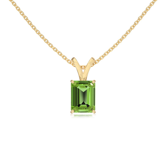 natural peridot emerald cut solitaire v-bale necklaces in yellow gold 