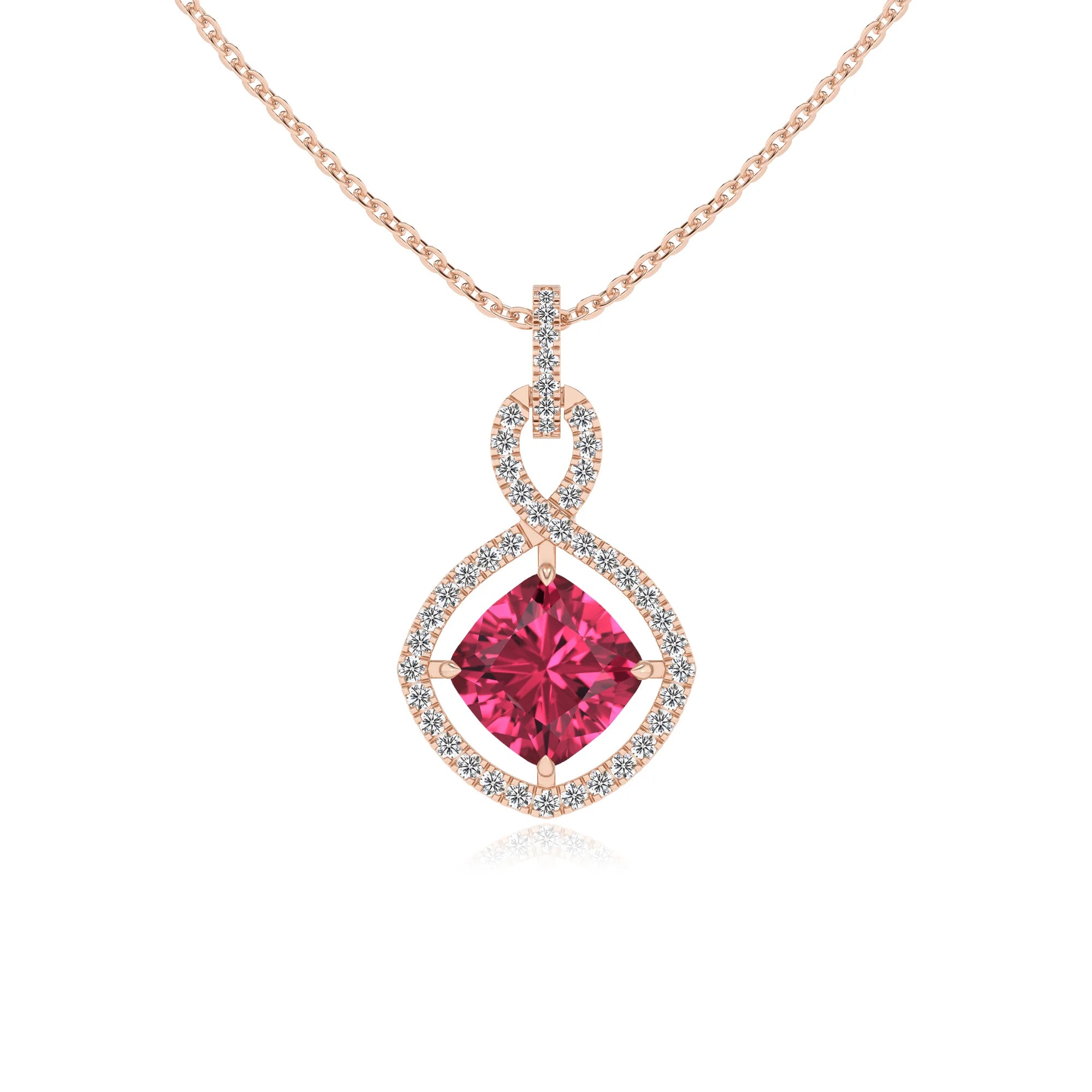 lab grown pink-tourmaline cushion infinity necklaces in rose gold 