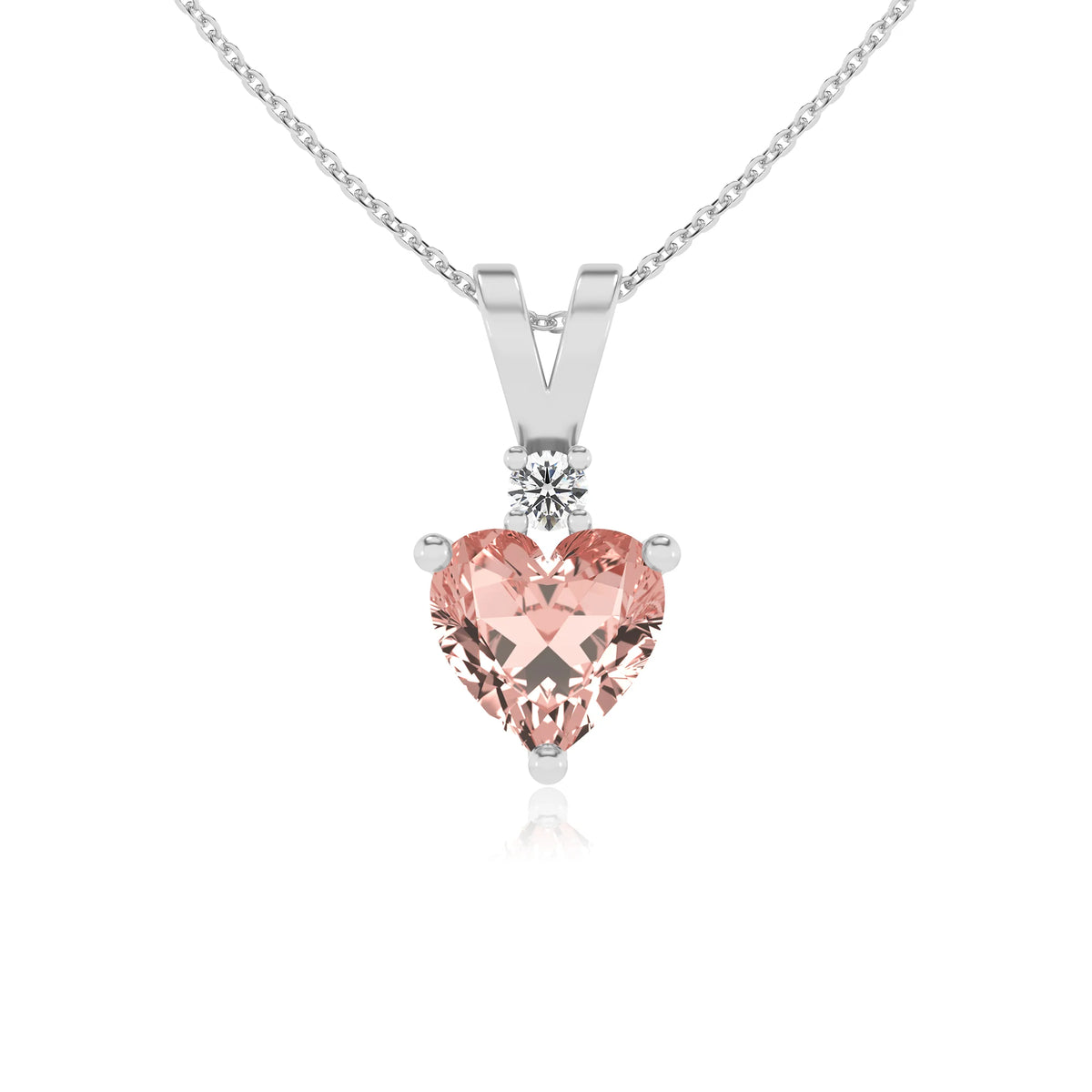 lab grown morganite heart solitaire v-bale necklaces in platinum 
