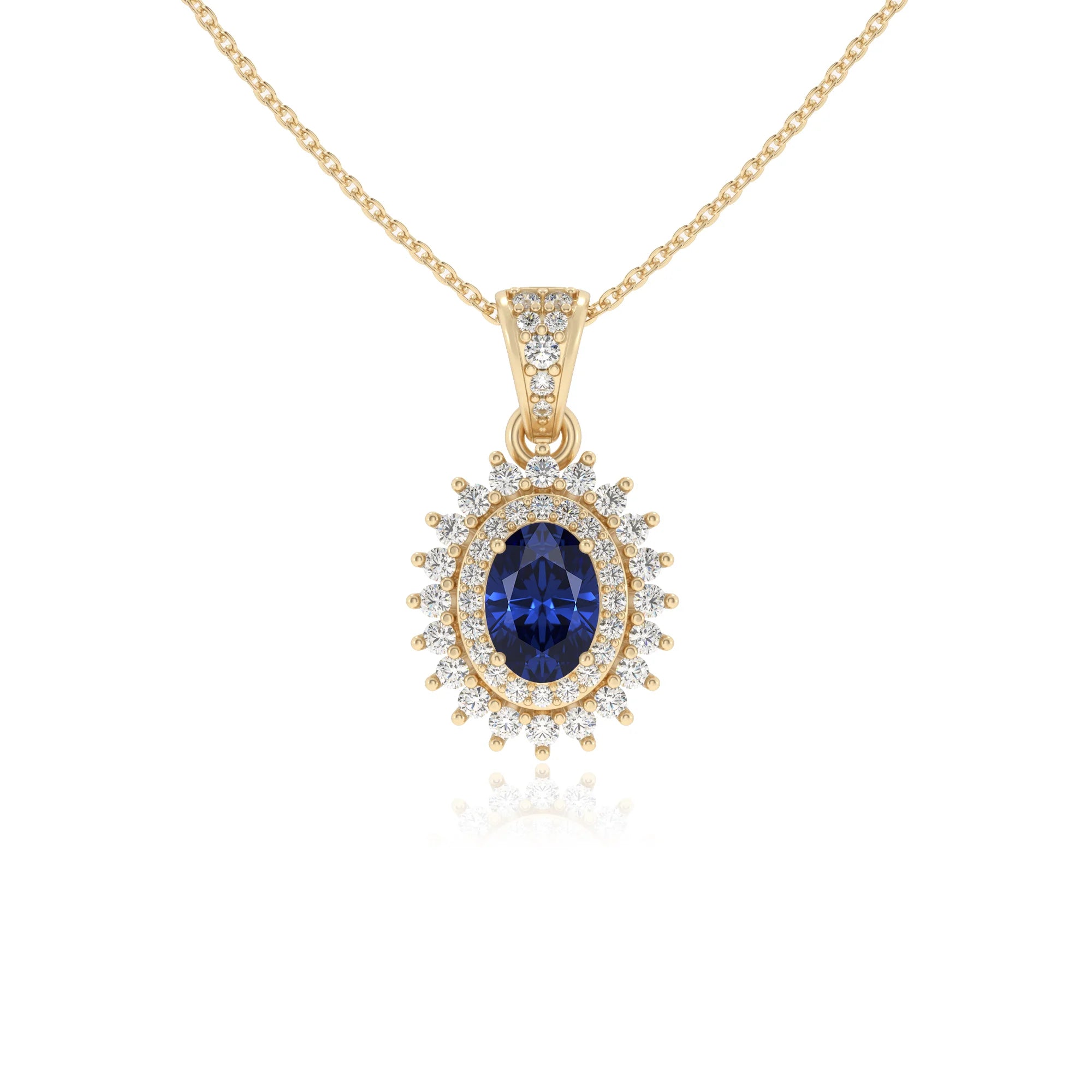 lab grown blue-sapphire oval halo necklaces in yellow gold 
