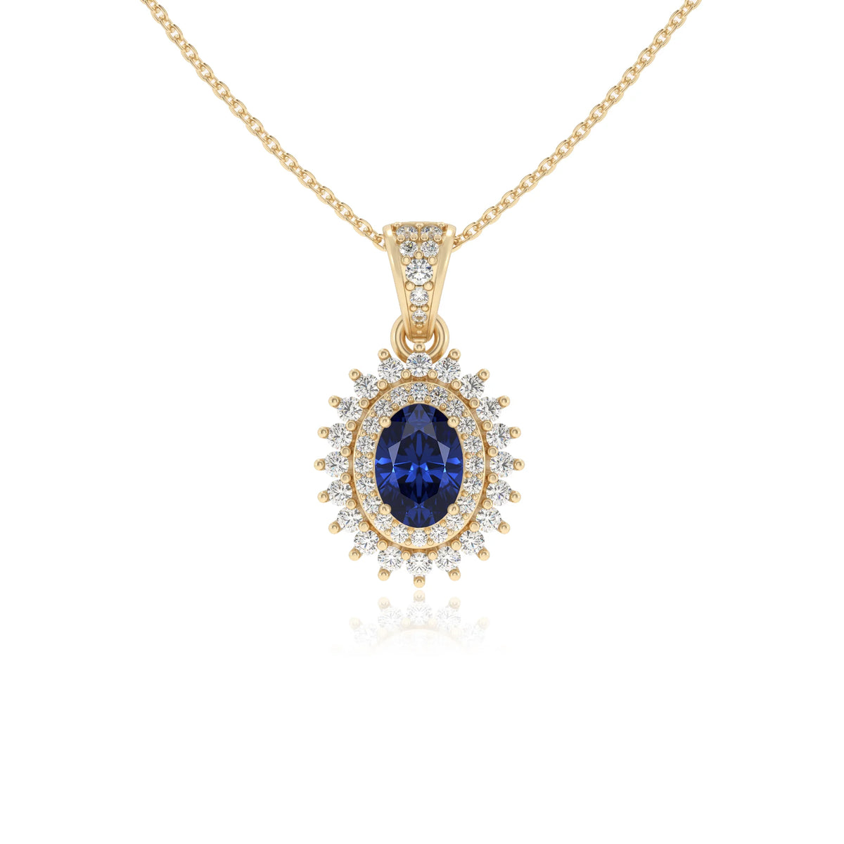 lab grown blue-sapphire oval halo necklaces in yellow gold 