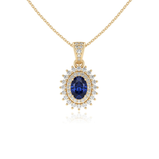 lab grown blue-sapphire oval halo necklaces in yellow gold 
