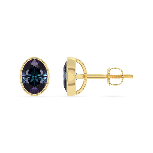 lab grown alexandrite oval stud earrings in yellow gold 