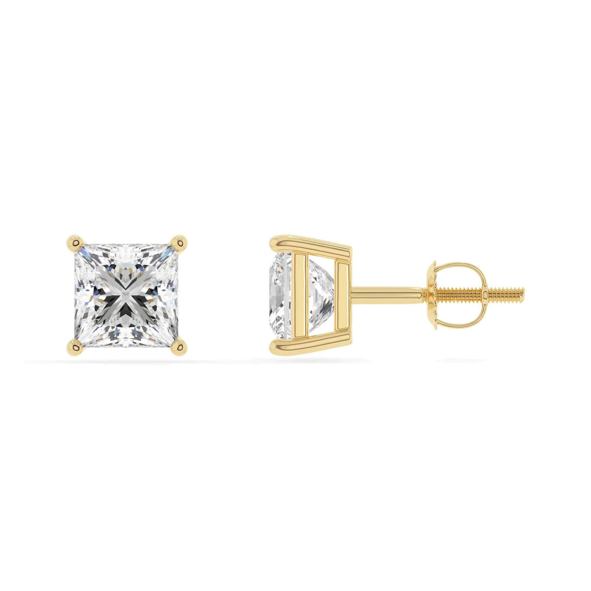 lab grown moissanite princess stud earrings in yellow gold 