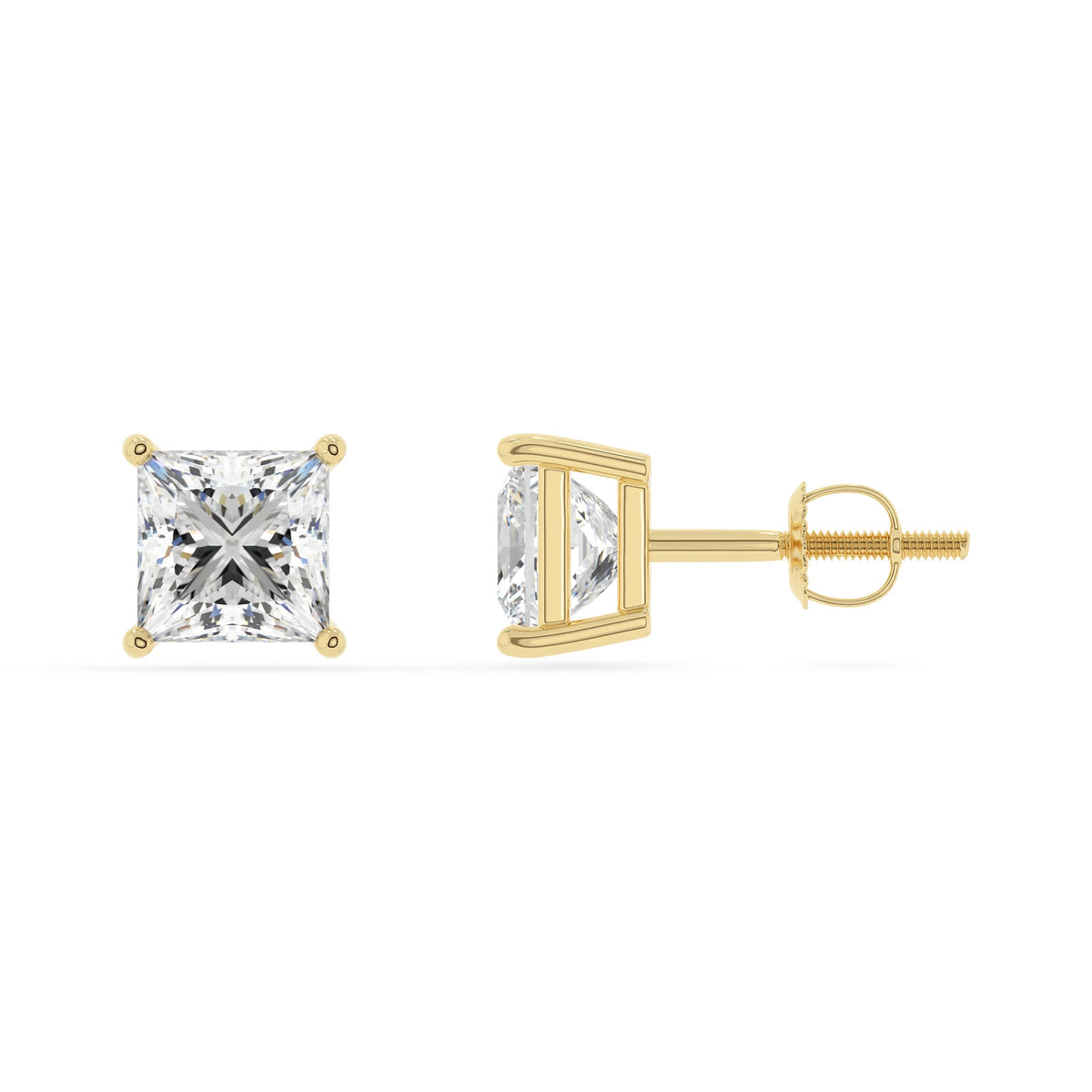 lab grown moissanite princess stud earrings in yellow gold 