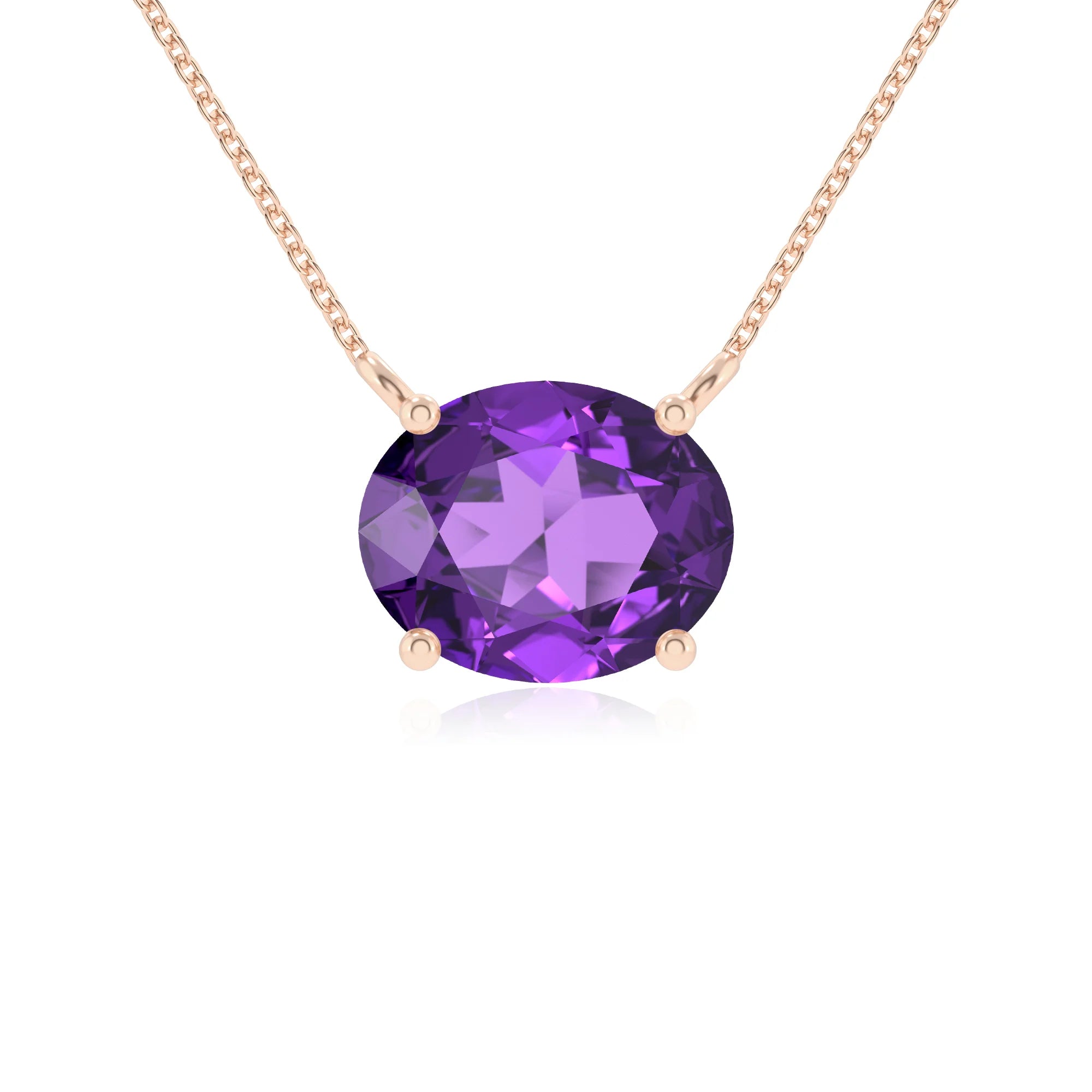 lab grown amethyst oval solitaire necklaces in rose gold 