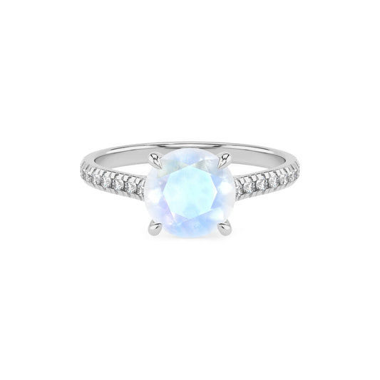 natural rainbow-moonstone round half eternity solitaire engagement rings in sterling silver 