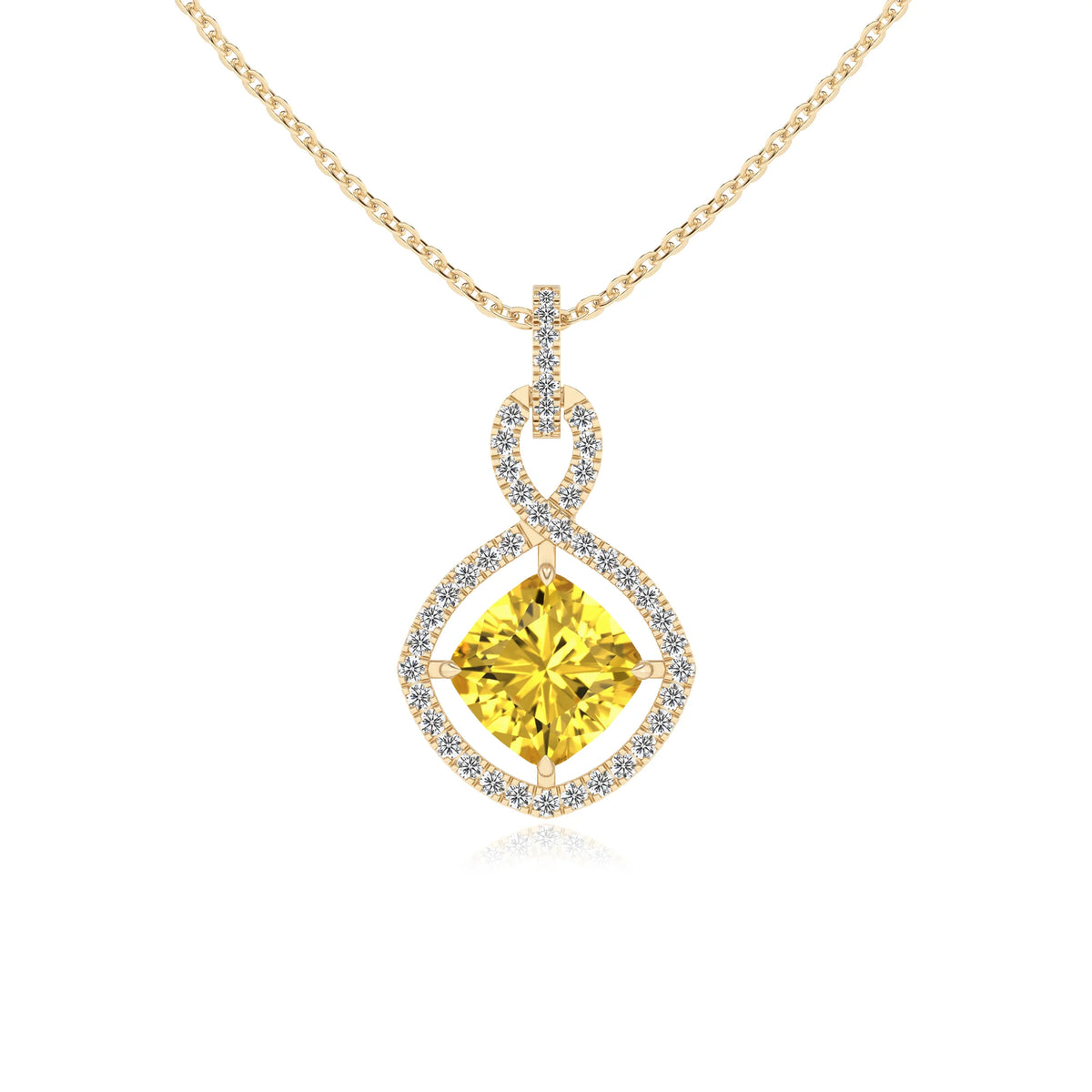 lab grown yellow-sapphire cushion infinity necklaces in yellow gold 