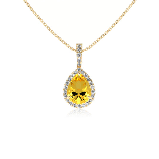 lab grown yellow-sapphire pear solitaire necklaces in yellow gold 