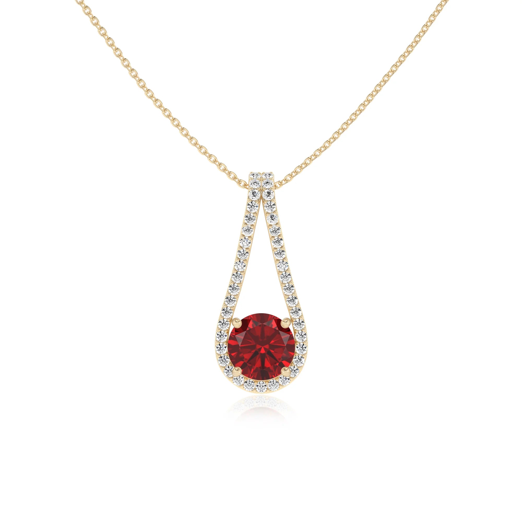 lab grown ruby round solitaire v-bale necklaces in yellow gold 