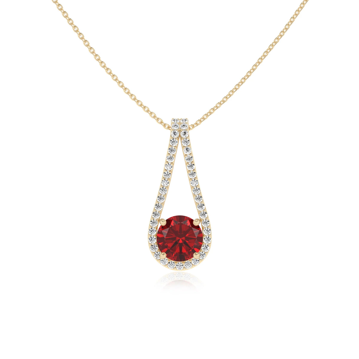 lab grown ruby round solitaire v-bale necklaces in yellow gold 
