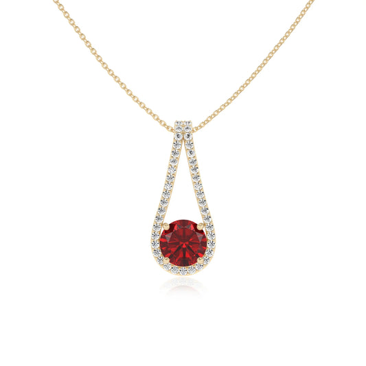 lab grown ruby round solitaire v-bale necklaces in yellow gold 