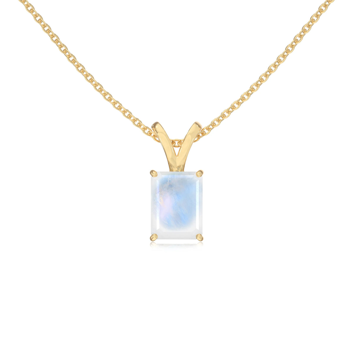 natural rainbow-moonstone emerald cut solitaire v-bale necklaces in yellow gold 