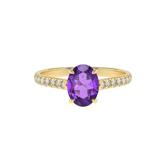 lab grown amethyst oval half eternity solitaire engagement rings in yellow gold 