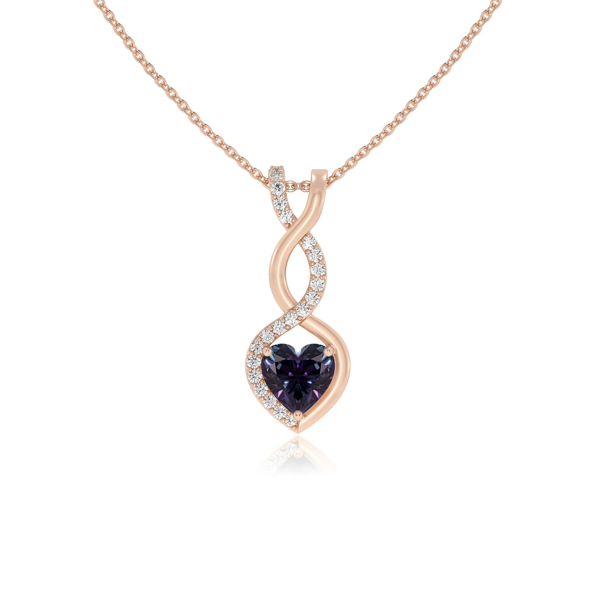 lab grown alexandrite heart infinity necklaces in rose gold 