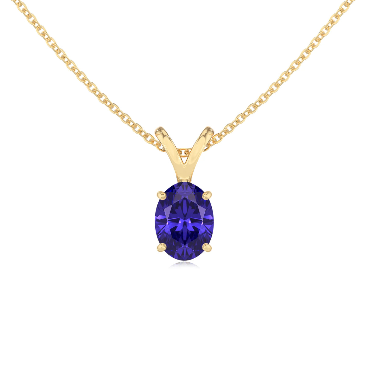 lab grown tanzanite oval solitaire v-bale necklaces in yellow gold 