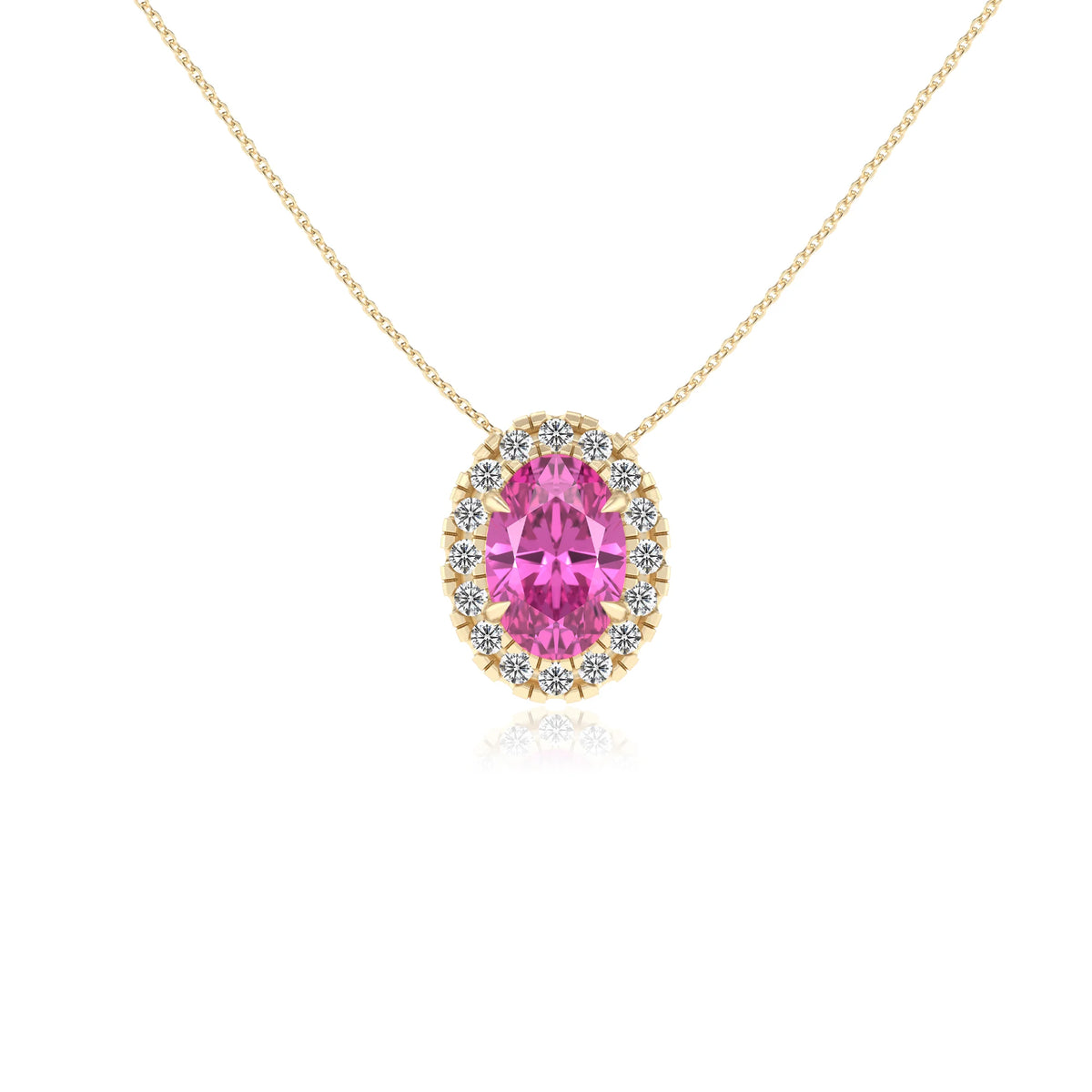 lab grown pink sapphire oval solitaire necklaces in yellow gold 