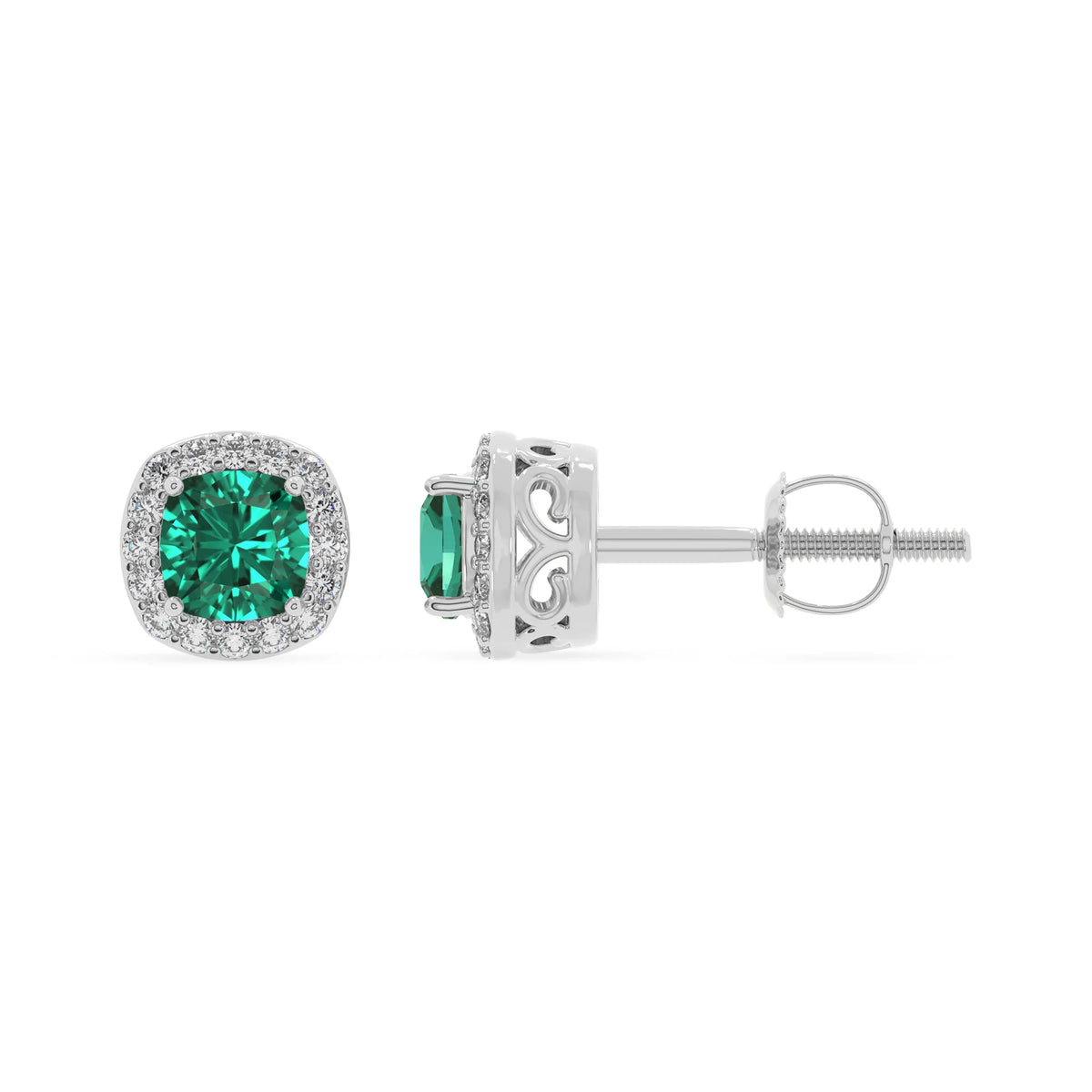 lab grown emerald cushion stud earrings in platinum 