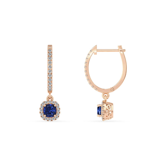lab grown blue sapphire cushion drop earrings in rose gold 