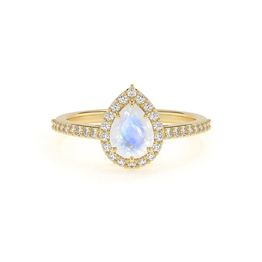 natural rainbow-moonstone pear solitaire rings in yellow gold 