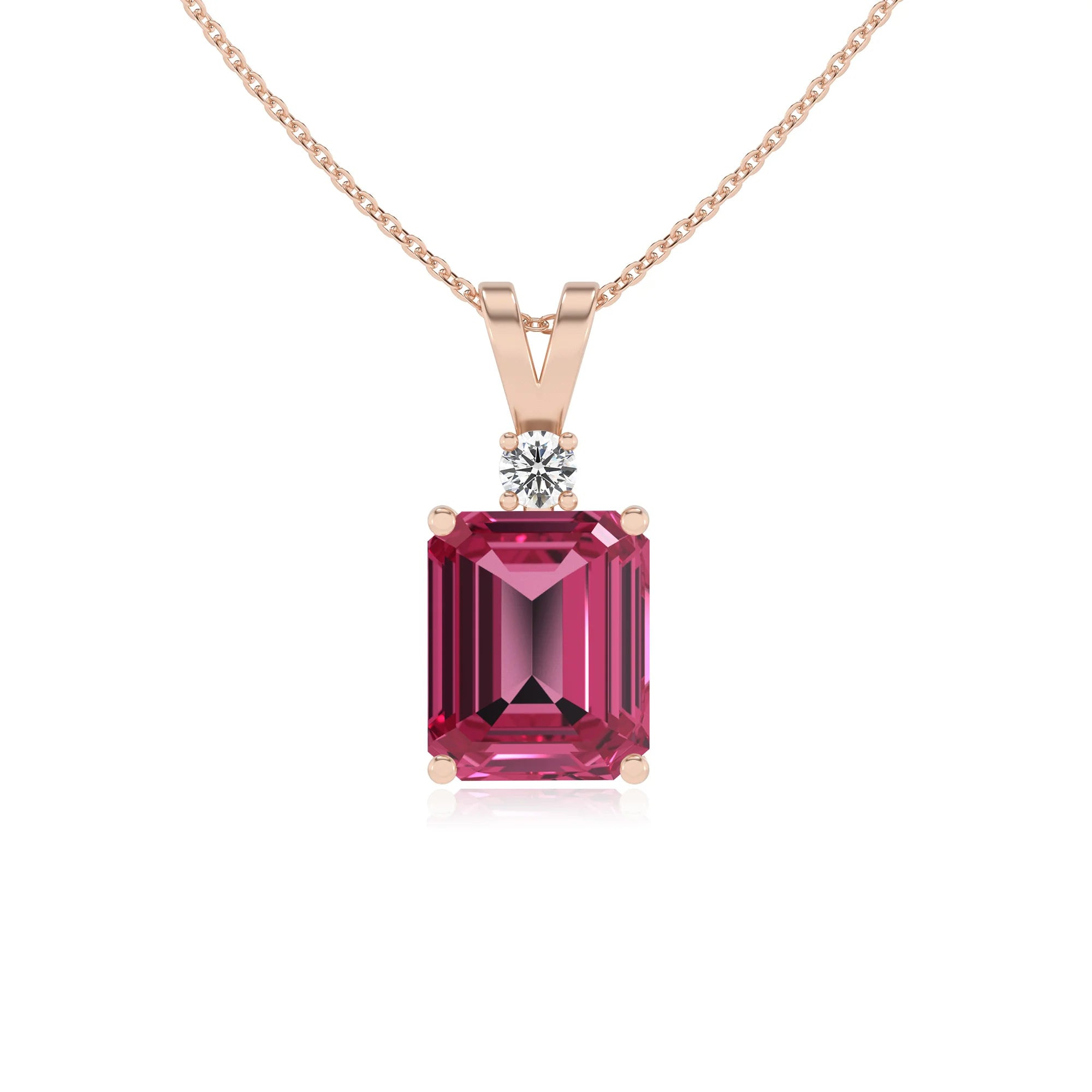 lab grown pink-tourmaline emerald cut solitaire v-bale necklaces in rose gold 
