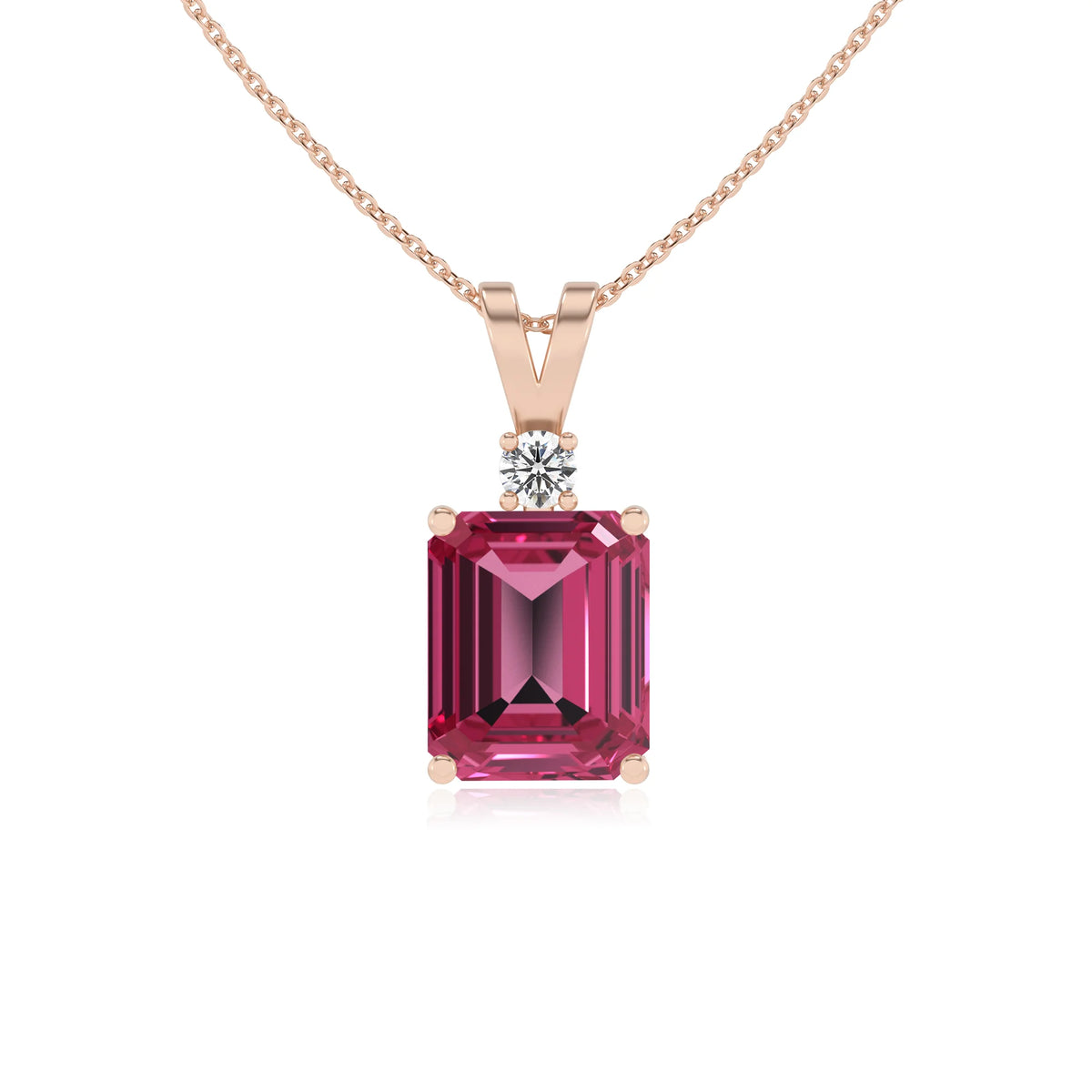 lab grown pink-tourmaline emerald cut solitaire v-bale necklaces in rose gold 