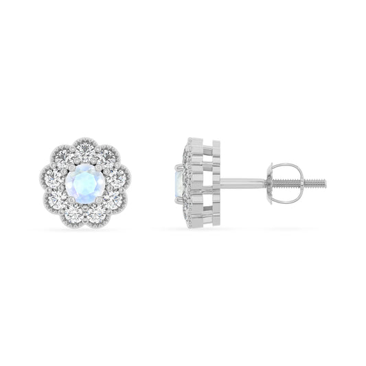 natural rainbow moonstone round stud earrings in platinum 