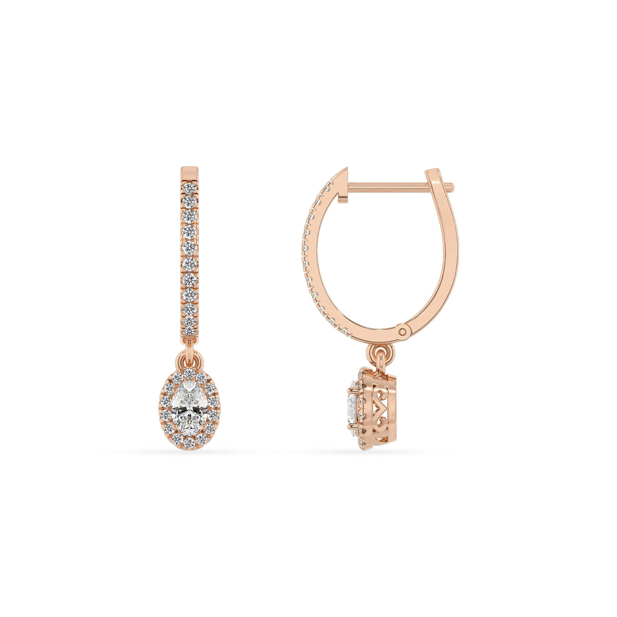 lab grown moissanite oval drop earrings in rose gold 
