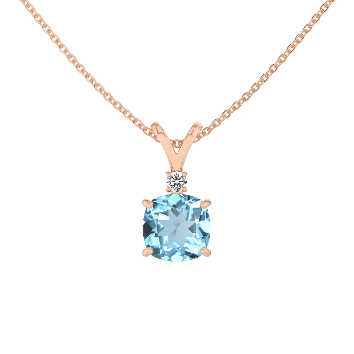 lab grown aquamarine cushion solitaire v-bale necklaces in rose gold 