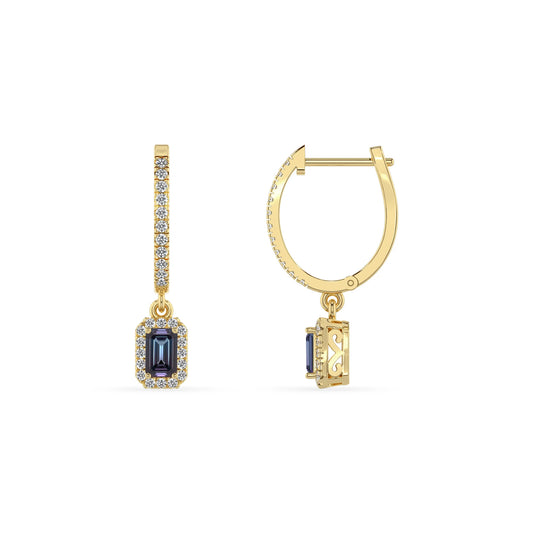 lab grown alexandrite emerald cut drop earrings in yellow gold 