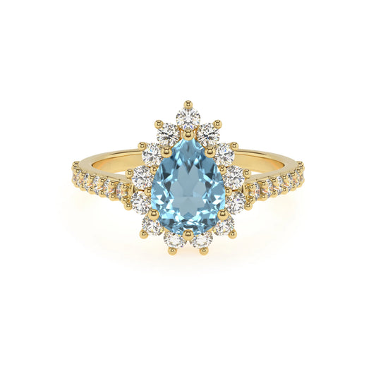 lab grown aquamarine pear solitaire rings in yellow gold 