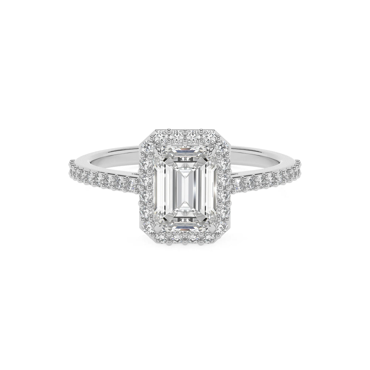 lab grown moissanite emerald cut solitaire rings in platinum 