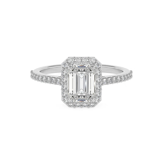 lab grown moissanite emerald cut solitaire rings in platinum 