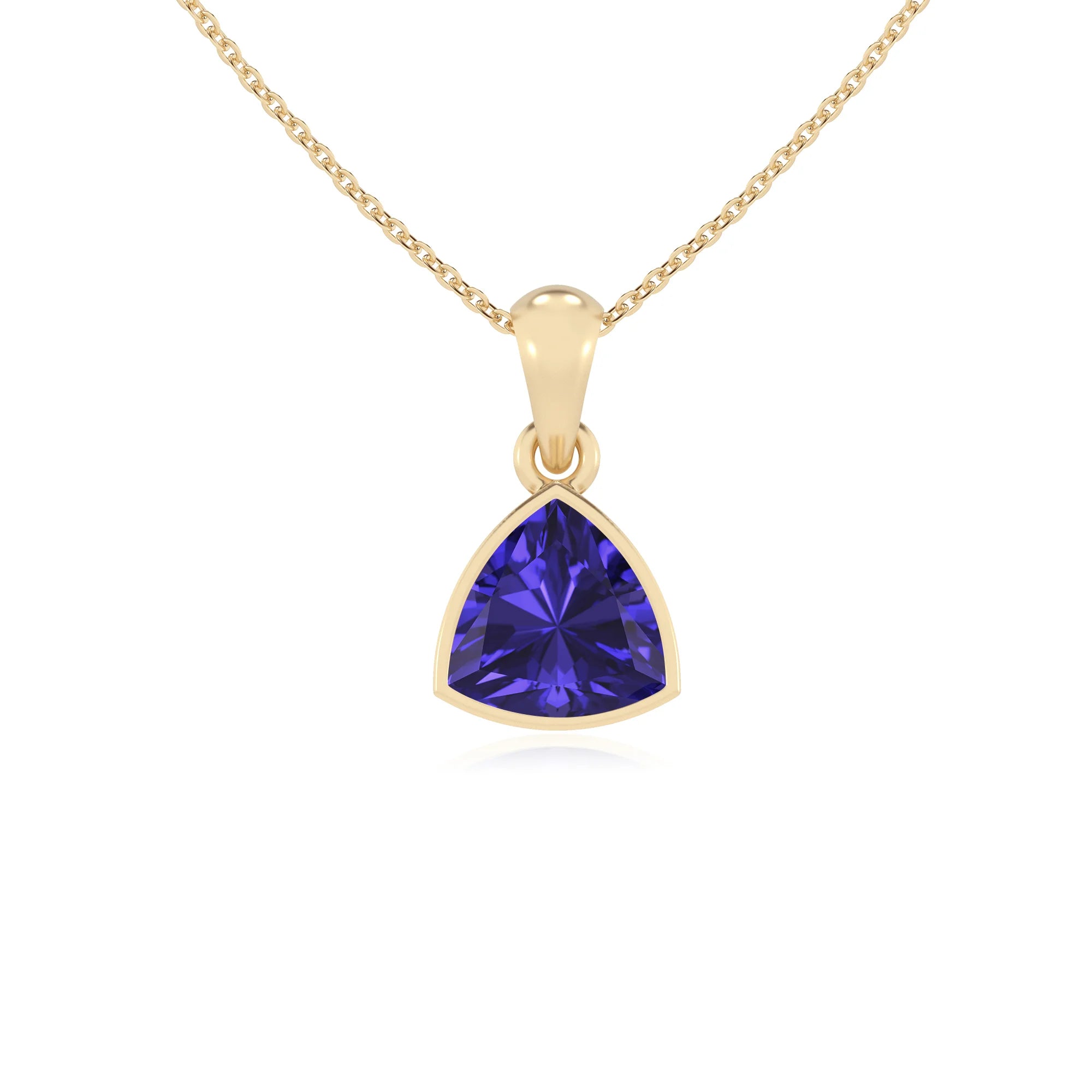 lab grown tanzanite trillion solitaire necklaces in yellow gold 