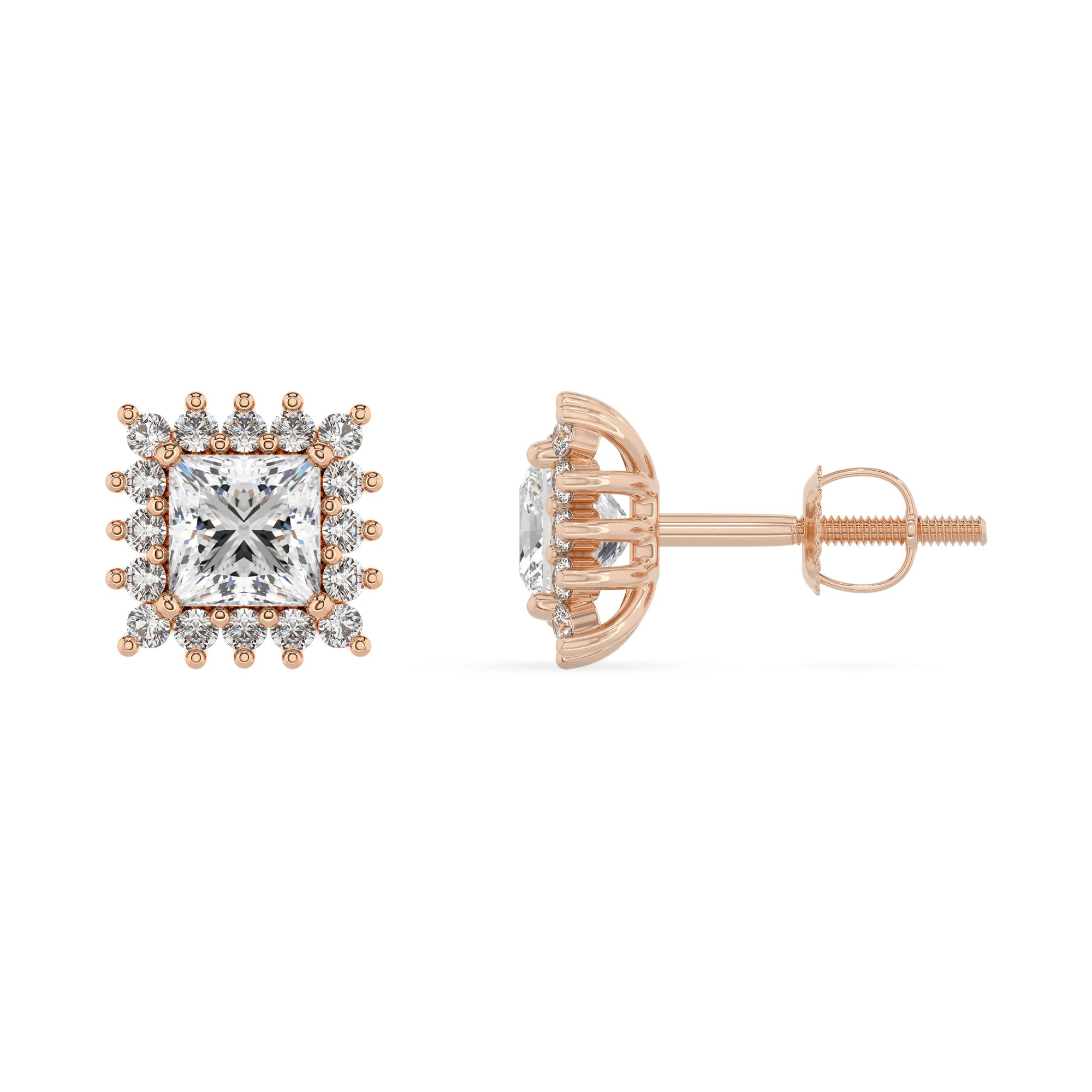 lab grown moissanite princess stud earrings in rose gold 