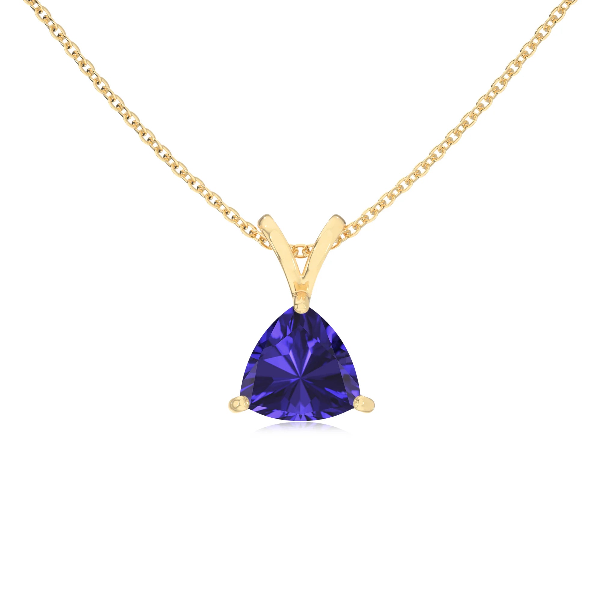 lab grown tanzanite trillion solitaire v-bale necklaces in yellow gold 