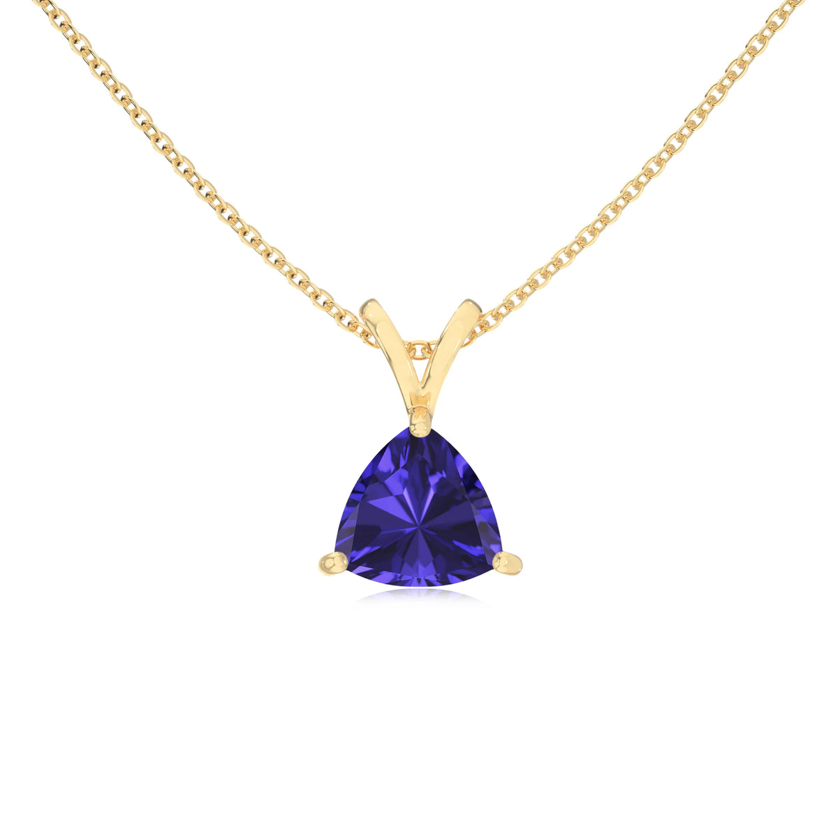 lab grown tanzanite trillion solitaire v-bale necklaces in yellow gold 