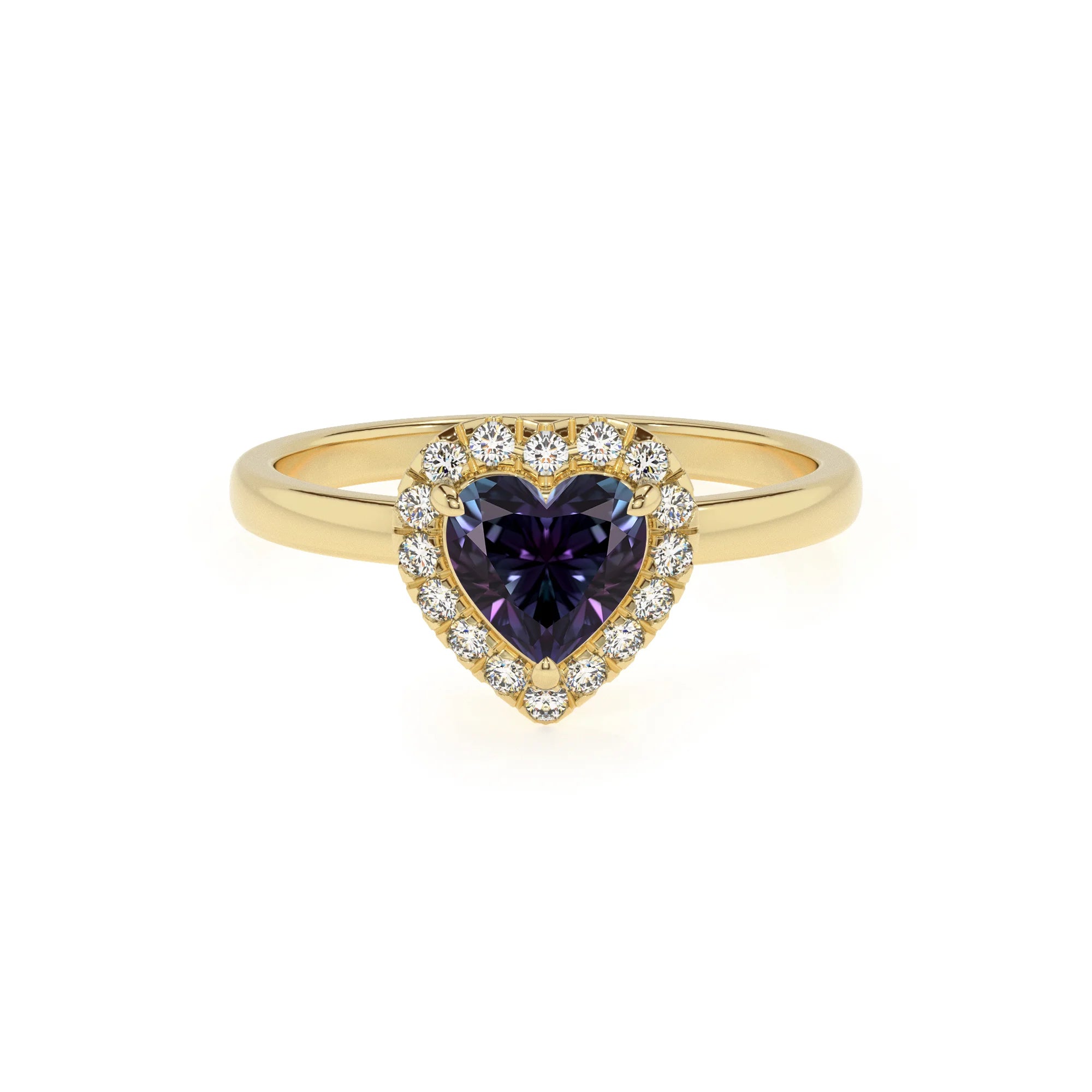 lab grown alexandrite heart solitaire rings in yellow gold 