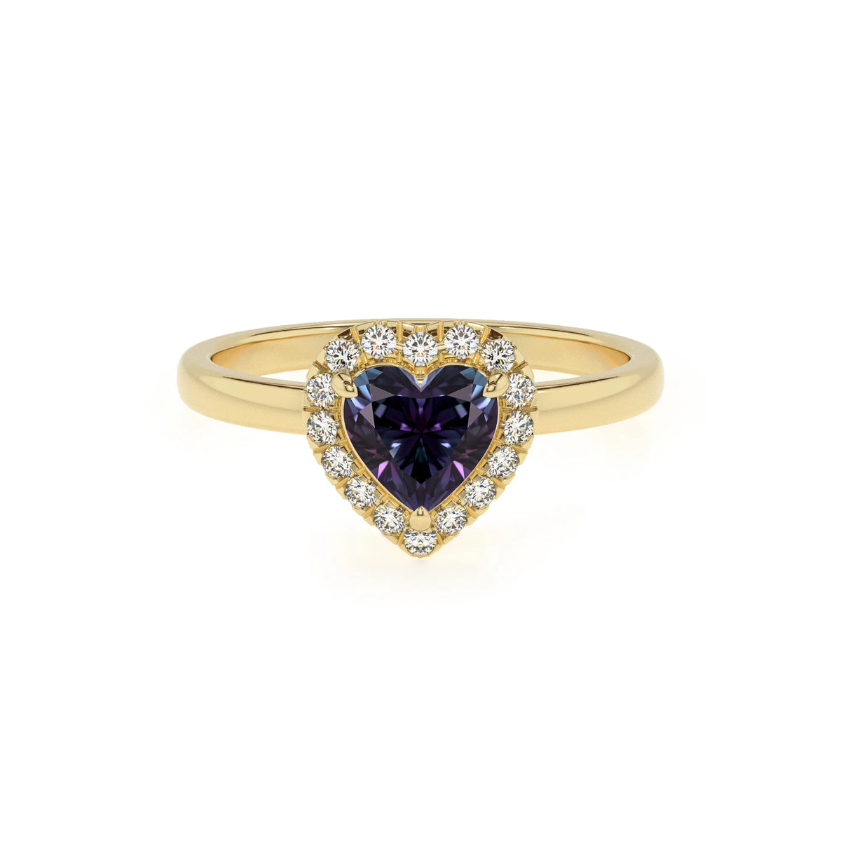 lab grown alexandrite heart solitaire rings in yellow gold 