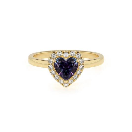 lab grown alexandrite heart solitaire rings in yellow gold 