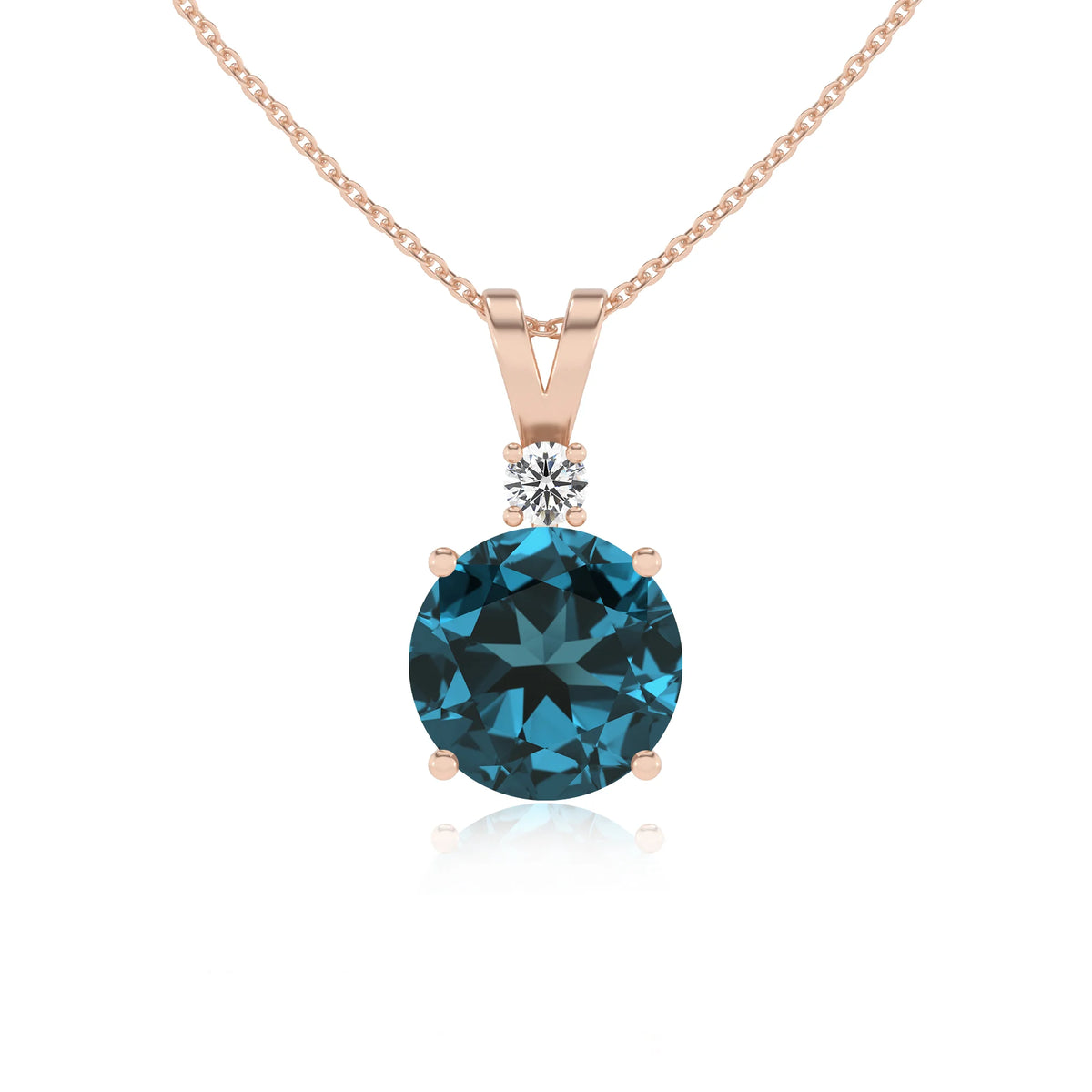 natural london-blue-topaz round solitaire v-bale necklaces in rose gold 