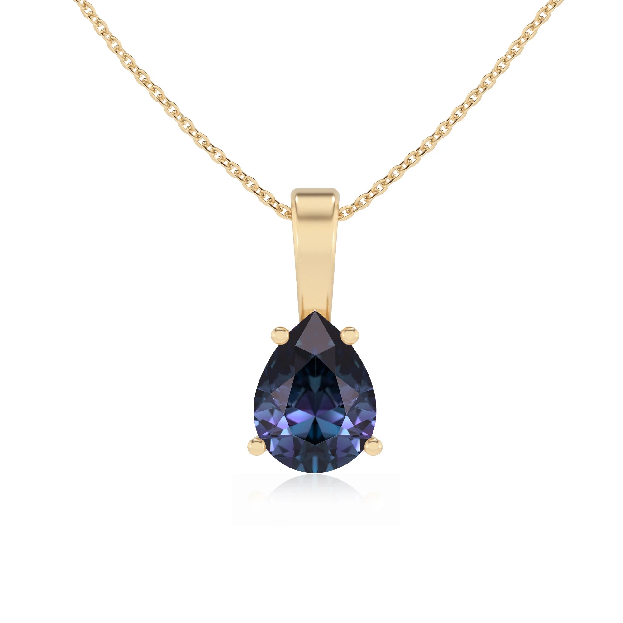 lab grown alexandrite pear solitaire necklaces in yellow gold 