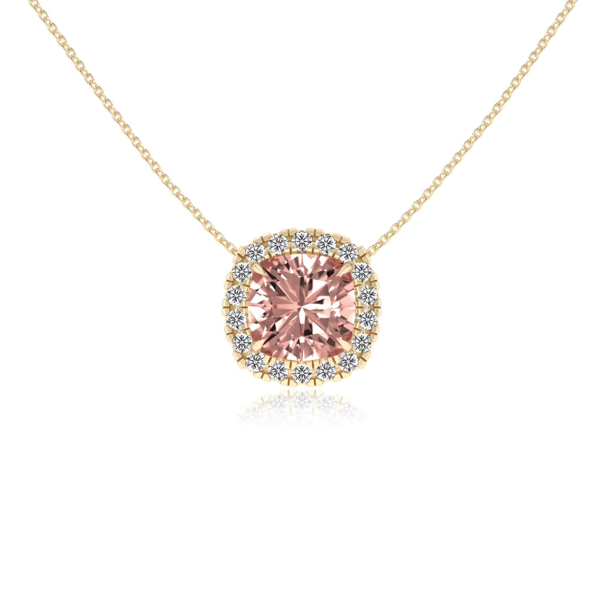 lab grown morganite cushion solitaire necklaces in yellow gold 
