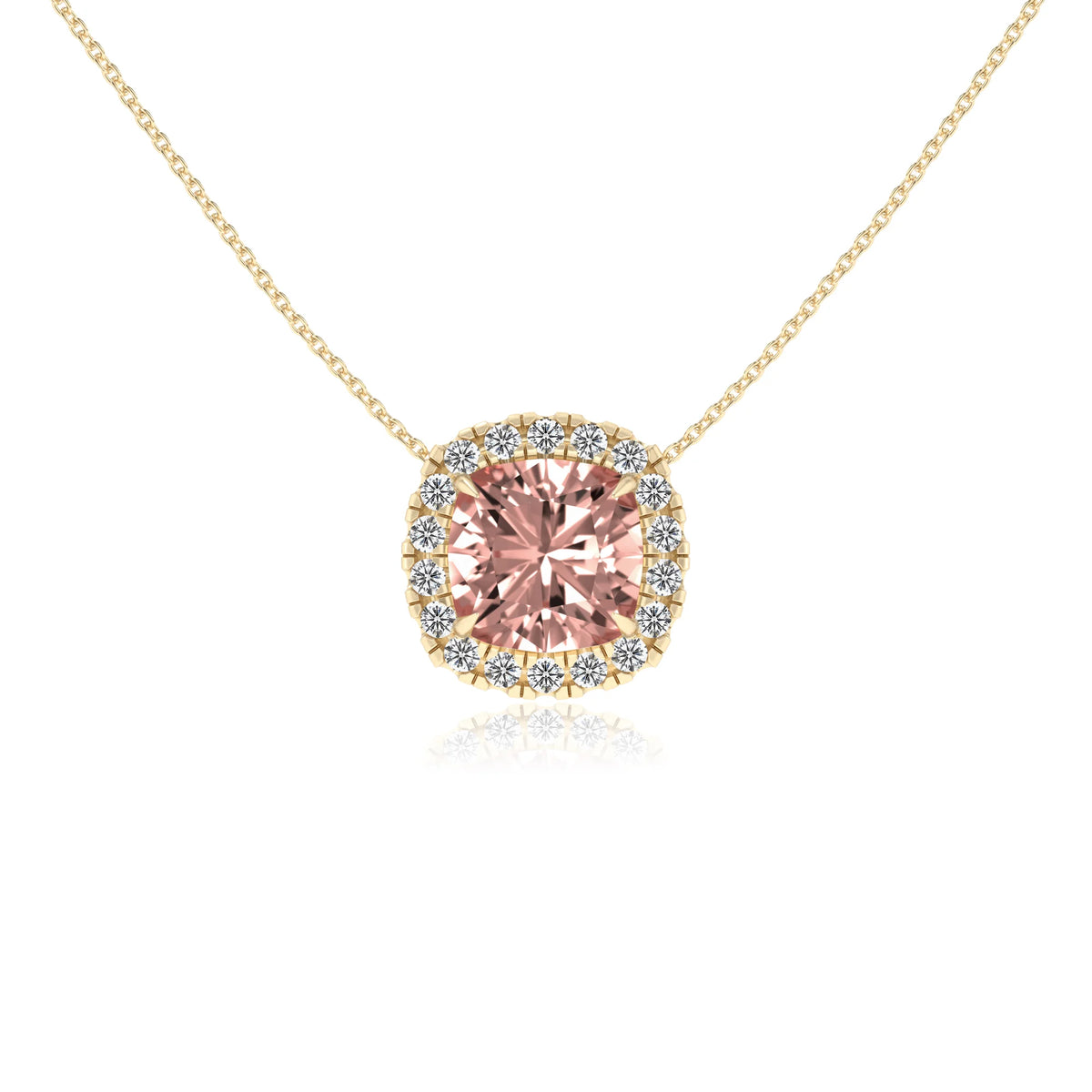 lab grown morganite cushion solitaire necklaces in yellow gold 