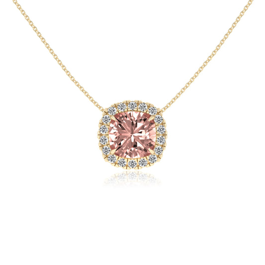 lab grown morganite cushion solitaire necklaces in yellow gold 