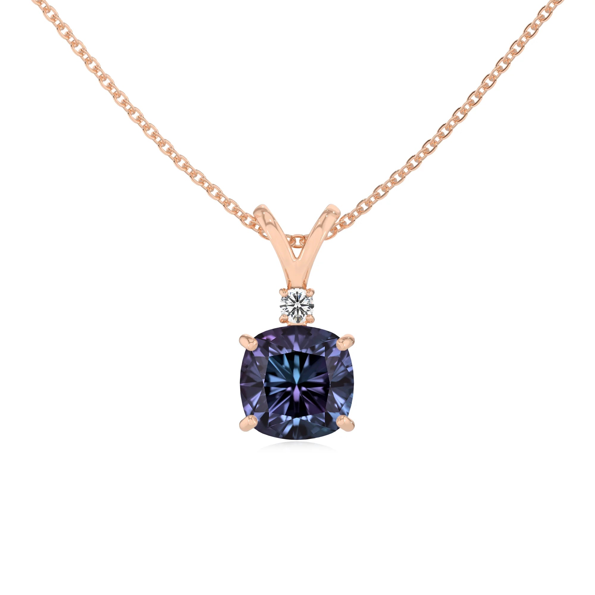 lab grown alexandrite cushion solitaire v-bale necklaces in rose gold 