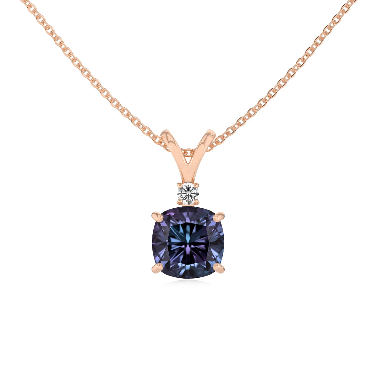 lab grown alexandrite cushion solitaire v-bale necklaces in rose gold 